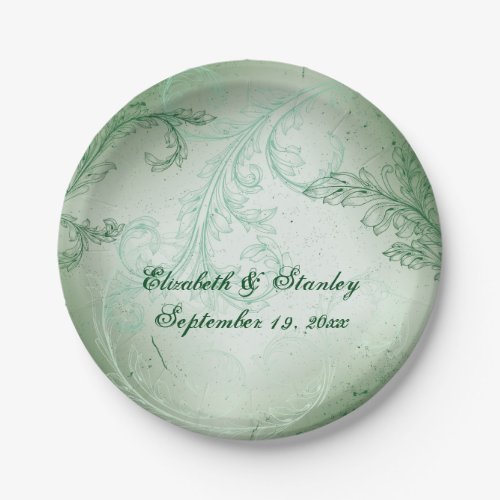 Vintage green scroll leaf wedding paper plates