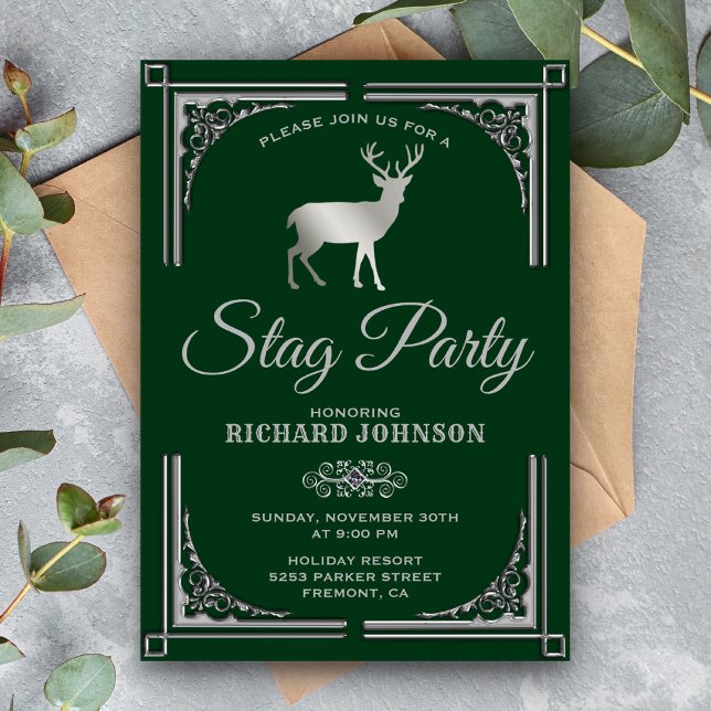 Vintage Green Silver Stag Bachelor Party Invitation (Creator Uploaded)