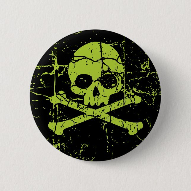 Vintage Green Skull and Crossbones Button (Front)