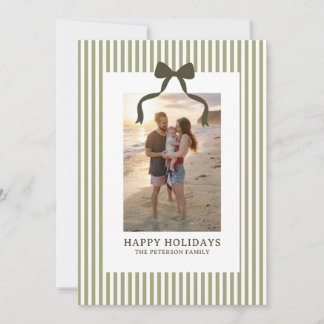 Vintage Green Stripes And Bow Photo Holiday Card