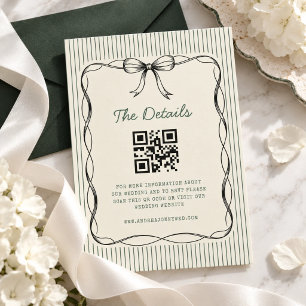 Vintage Green Stripes Bow QR Code Details Wedding Enclosure Card