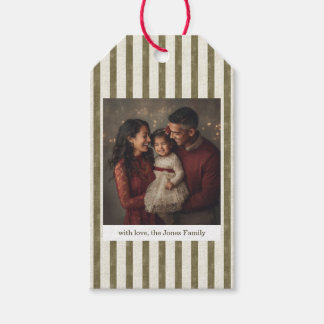 Vintage Green Stripes Christmas Photo Gift Tag