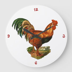 Vintage Green Tail Feathers Rooster Cockerel Large Clock