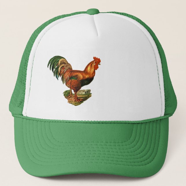 Vintage Green Tail Feathers Rooster Cockerel Trucker Hat (Front)