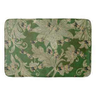 Vintage Green Tan Damask Floral Dragonflies Bath Mat
