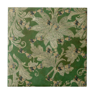 Vintage Green Tan Damask Floral Dragonflies Ceramic Tile