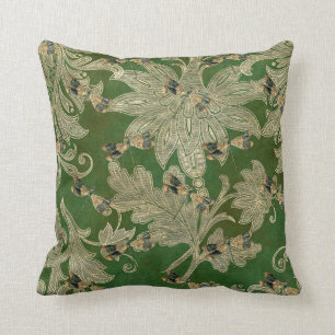 Vintage Green Tan Damask Floral Dragonflies Throw Pillow