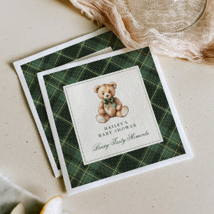 Vintage Green Tartan Teddy Bear Baby Shower Napkins