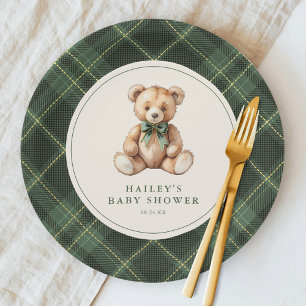 Vintage Green Tartan Teddy Bear Baby Shower Paper Plates