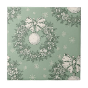 Vintage Green Toile Christmas Wreath (1) Ceramic Tile