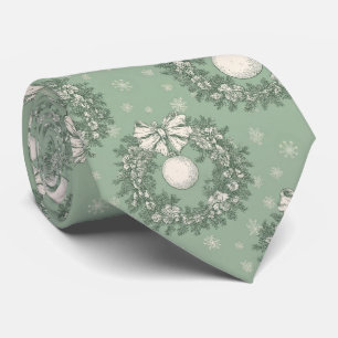 Vintage Green Toile Christmas Wreath (1) Neck Tie