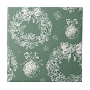 Vintage Green Toile Christmas Wreath (2) Ceramic Tile