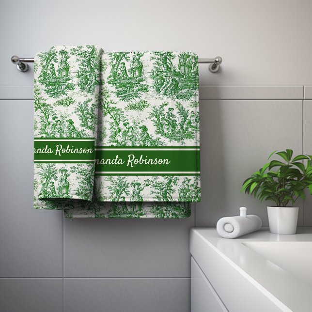 Vintage green toile de jouy printed bath towel set (Creator Uploaded)