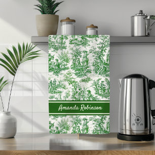 Vintage green toile de jouy printed kitchen towel