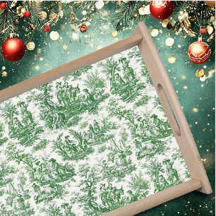 Vintage green toile de jouy printed serving tray