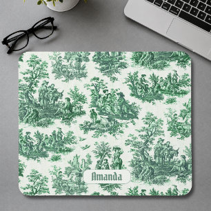 Vintage Green Toile Jouy Floral Monogram Accent Mouse Pad