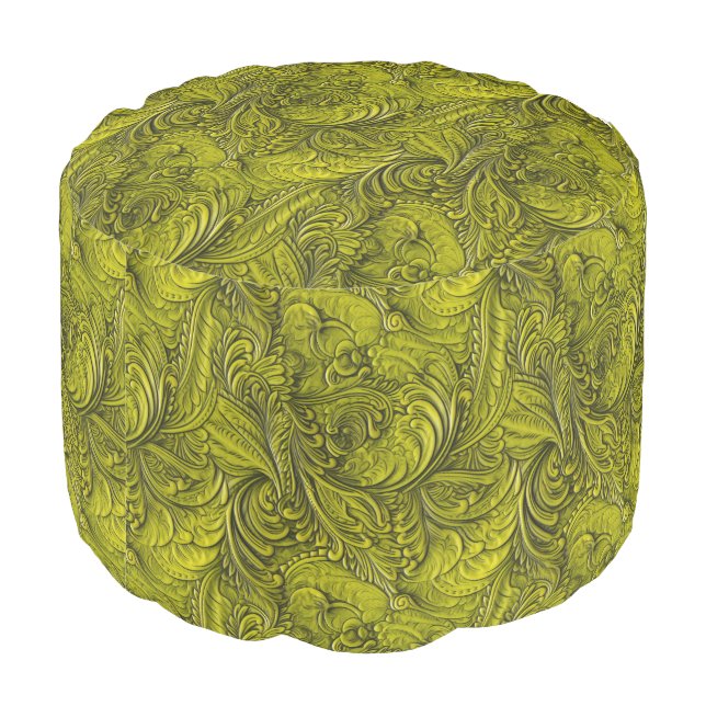 Vintage green tooled leather pouf (Angled Back)