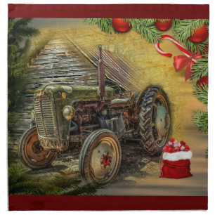 Vintage Green Tractor Barn Christmas Cloth Napkin