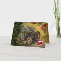 Vintage Green Tractor Barn Christmas Holiday Card