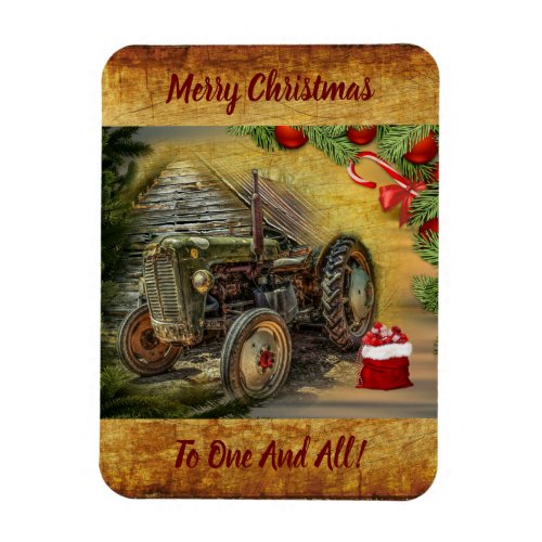 Vintage Green Tractor Barn Christmas Magnet