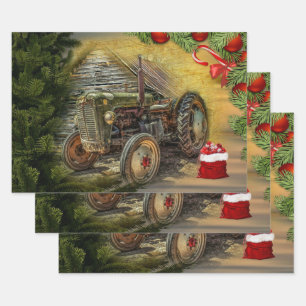 Vintage Green Tractor Barn Christmas Wrapping Paper Sheets