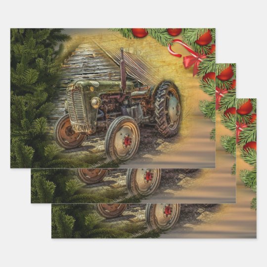 Vintage Green Tractor Barn Christmas Wrapping Paper Sheets