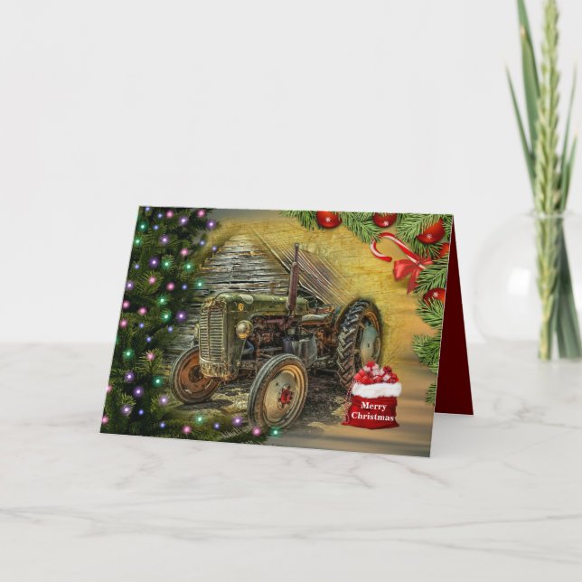 Vintage Green Tractor Christmas Holiday Card (Front)