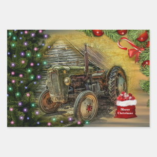 Vintage Green Tractor Christmas Wrapping Paper Sheets