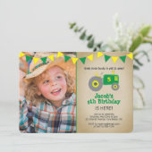Vintage Green Tractor Photo Birthday Party Invitation (Standing Front)