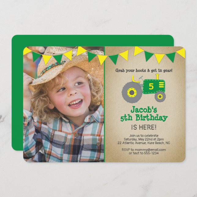 Vintage Green Tractor Photo Birthday Party Invitation (Front/Back)