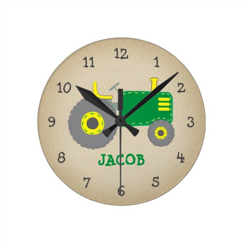 Vintage Green Tractor Rustic Nursery Round Clock