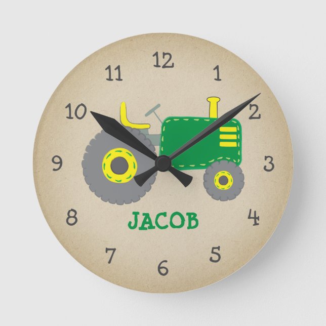 Vintage Green Tractor Rustic Nursery Round Clock (Front)