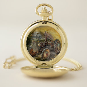 Vintage Green Tractor Rustic Old Barn Pocket Watch