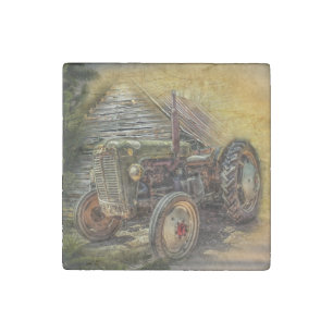 Vintage Green Tractor Rustic Old Barn Stone Magnet