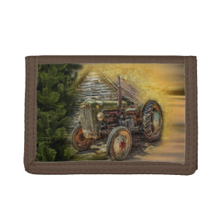 Vintage Green Tractor Rustic Old Barn Trifold Wallet