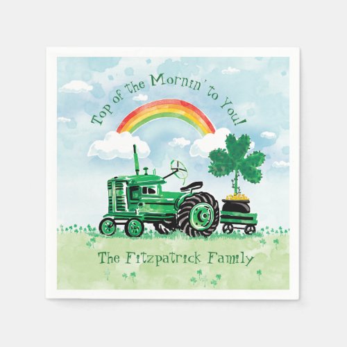 Vintage Green Tractor Shamrock Add Family Name Paper Napkins