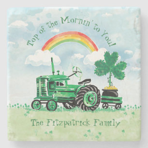 Vintage Green Tractor Shamrock Add Family Name Stone Coaster