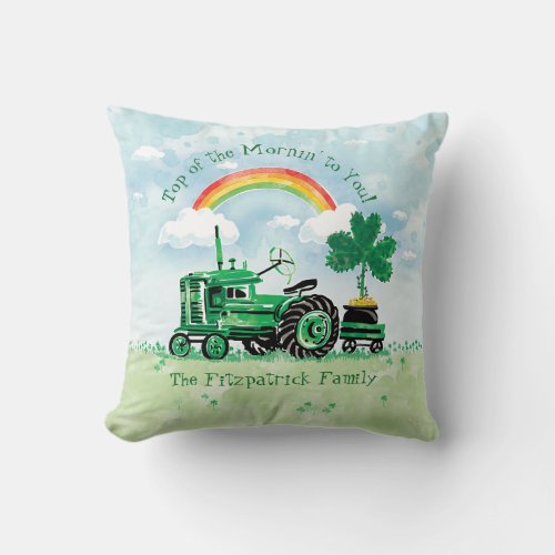 Vintage Green Tractor Shamrock Add Family Name Throw Pillow