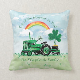 Vintage Green Tractor Shamrock Add Family Name Throw Pillow