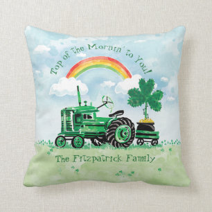 Vintage Green Tractor Shamrock Add Family Name Throw Pillow