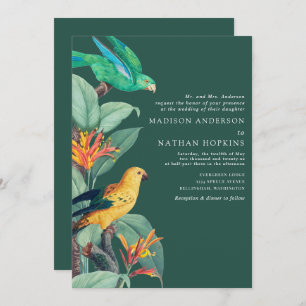 Vintage Green Tropical Bird Wedding Invitation