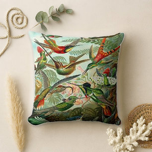 Vintage Green Tropical Hummingbird Art Throw Pillow