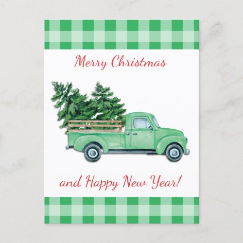 Vintage Green Truck and Checks Christmas Trees Announcement Postcard