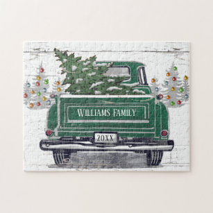 Vintage Green Truck Christmas Tree Name Rustic Jigsaw Puzzle