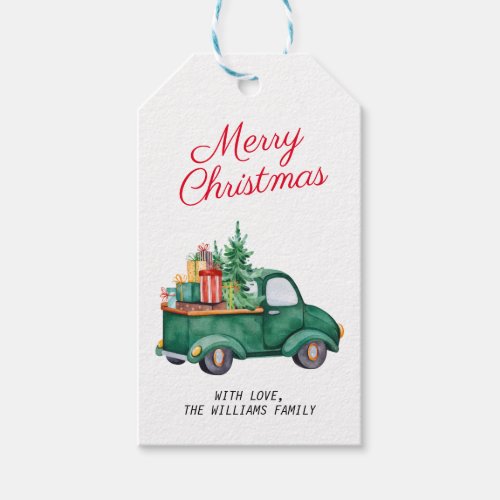 Vintage Green Truck Merry Christmas Holiday Favor Gift Tags
