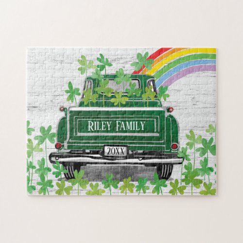 Vintage Green Truck Rainbow Rustic Family Name Jigsaw Puzzle