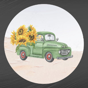 Vintage Green Truck Sunflowers Classic Round Sticker