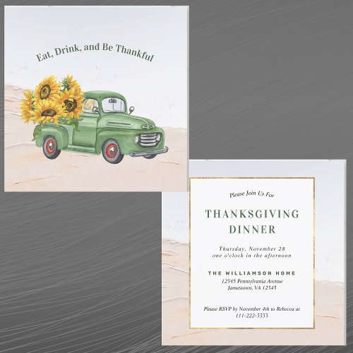 Vintage Green Truck Sunflowers Thanksgiving Invitation