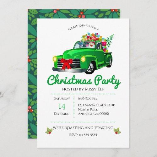 Vintage Green Truck Tree  Santa Christmas Invitation