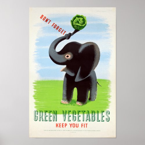 Vintage Green Vegetables Health Elephant Poster